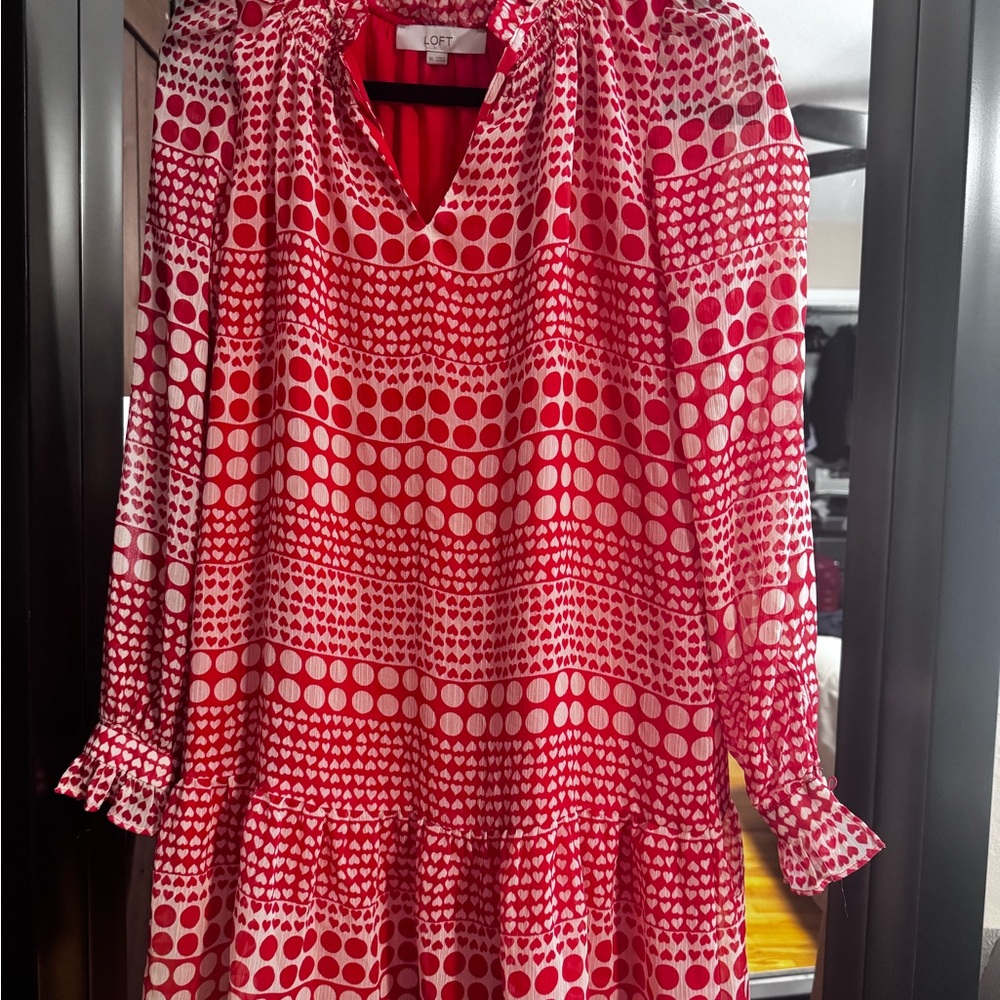 LOFT Red and White Patterned Long Sleeve Dress